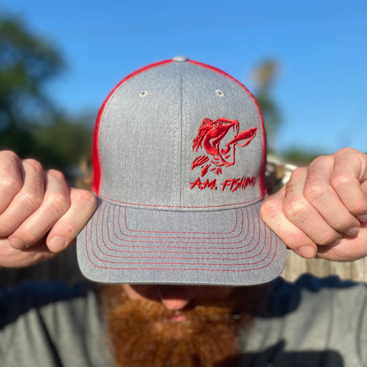 A.M. Fishing Snapback Grey/Red - Red Logo